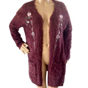 Knox Rose Fuzzy Embroidered Open Cardigan Sweater